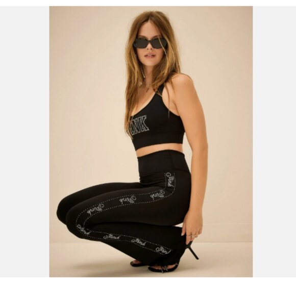 VICTORIA'S SECRET PINK RELAY LOGO SHINE FLARE LEGGINGS Medium SHORT BLACK- Bling - Picture 6 of 6